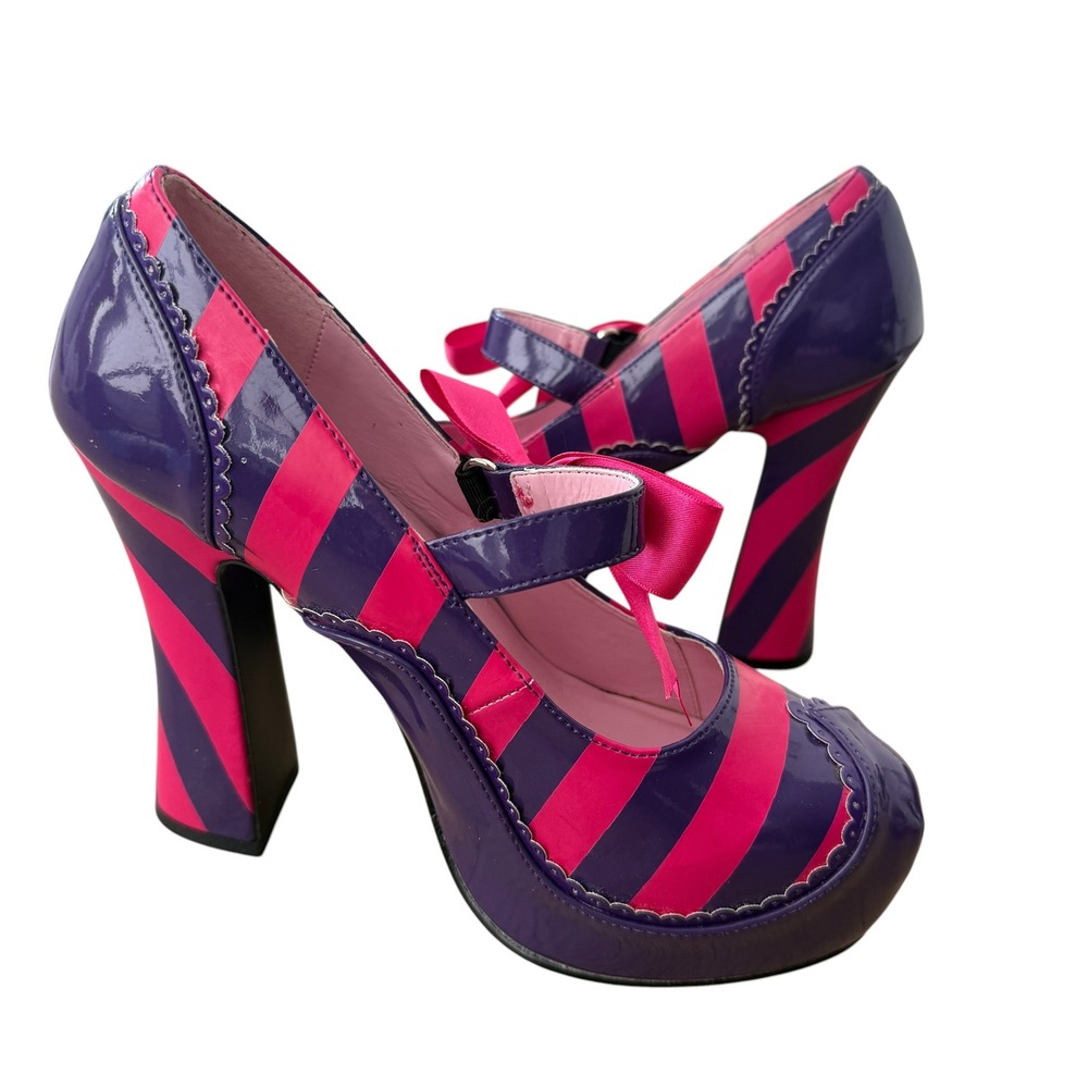 Funtasma Kitty 32 Mary Jane Pump Striped Patent Bow Heel 8 Purple Pink Scene Emo